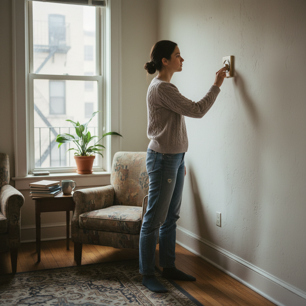 attachment; filename=Eine überzeugende redaktionelle Fotografie einer Person, die den Thermostat in einer bescheidenen städtischen Wohnung einstellt