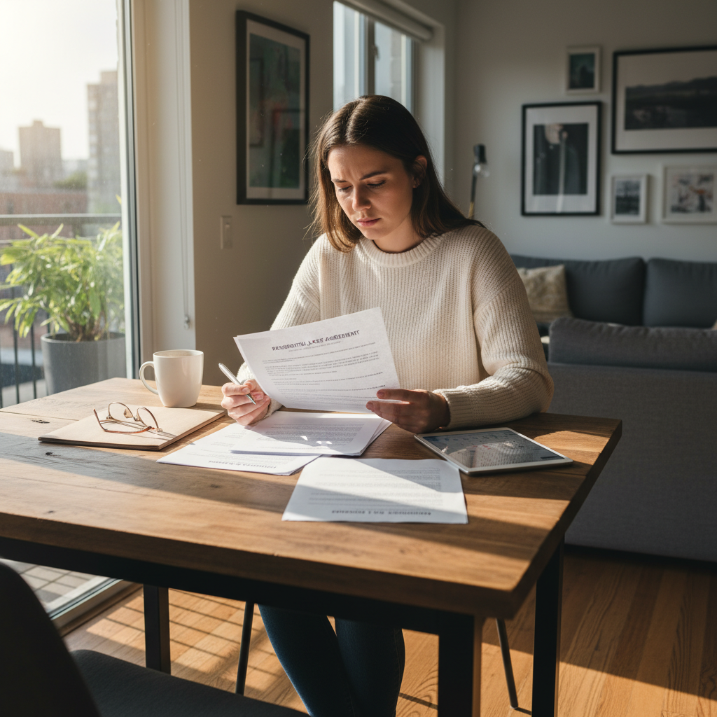 attachment; filename=Eine realistische redaktionelle Fotografie einer Person, die einen Mietvertrag in einer gut beleuchteten Wohnung überprüft