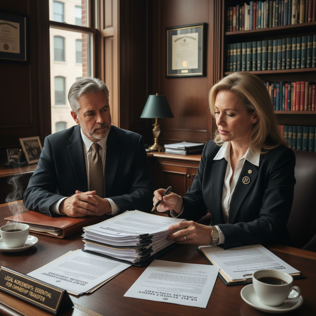 attachment; filename=Ein Mann mittleren Alters überprüft mit einem Notar Immobilienpapiere und betont die Bedeutung von rechtlichen Vereinbarungen bei der Übertragung des Eigentums an Immobilien