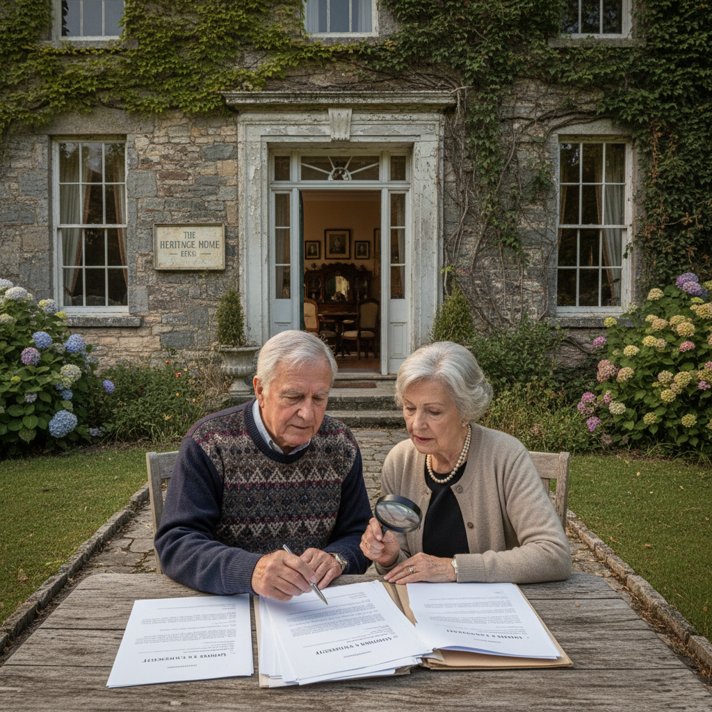 attachment; filename=Ein älteres Ehepaar diskutiert vor einem alten Familienhaus über rechtliche Dokumente und repräsentiert das Konzept, Mieteinnahmen durch das Nießbrauchrecht an Immobilien zu sichern