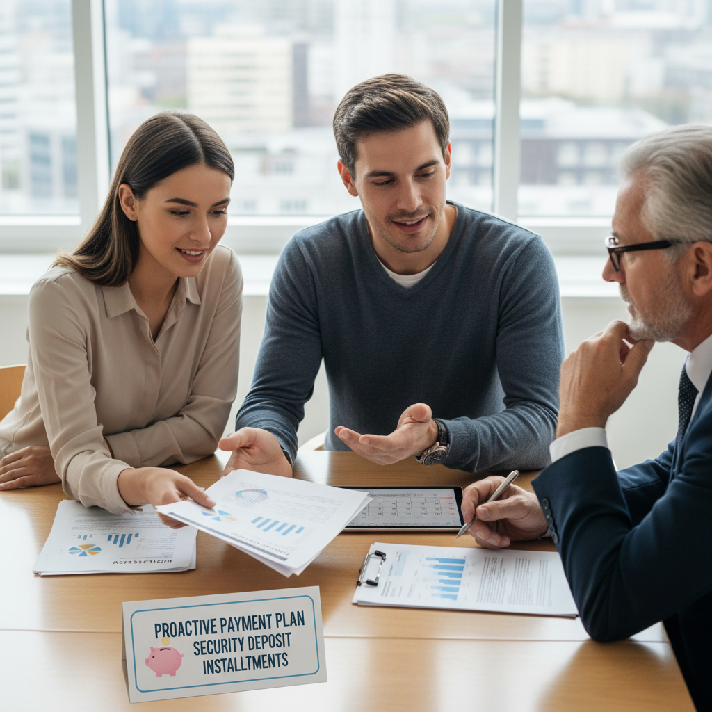 attachment; filename=Ein Paar diskutiert und tauscht Papiere mit einem Vermieter aus, symbolisiert die proaktive Kommunikation über Ratenzahlungen für die Mietkaution.
