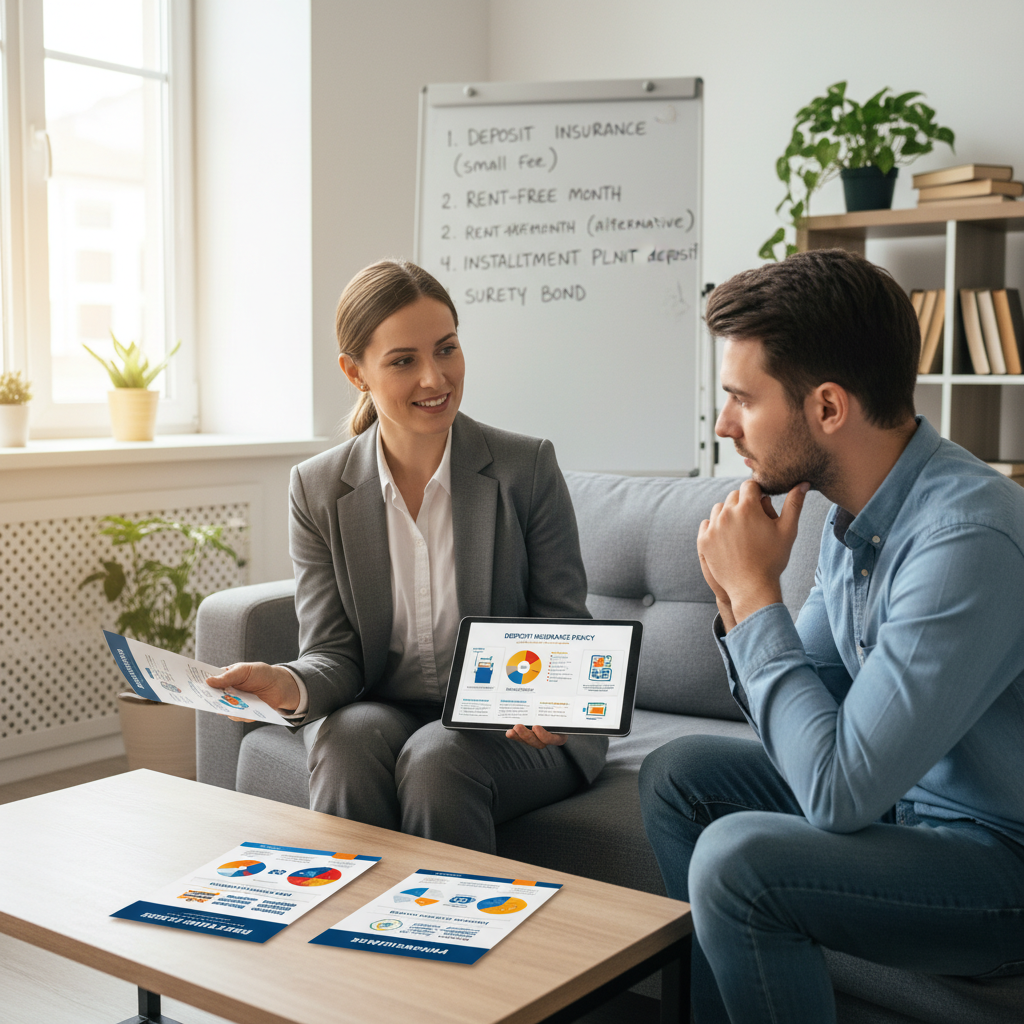 attachment; filename=Ein Versicherungsvertreter erklärt einem Mieter das Konzept einer Kautionsversicherung und hebt alternative Optionen für Mietkautionen hervor.