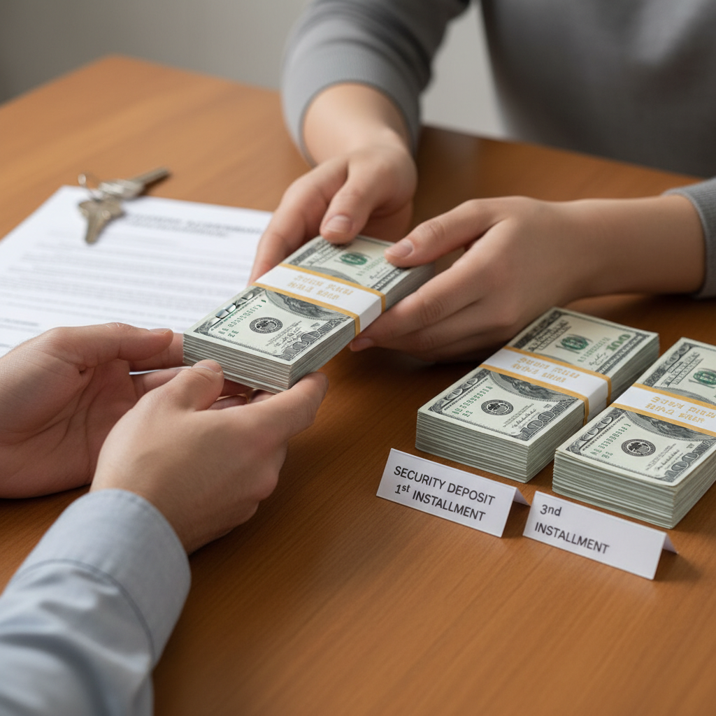 attachment; filename=Eine Person übergibt Geld in drei gleichen Teilen, um das Konzept der Ratenzahlung der Mietkaution darzustellen.