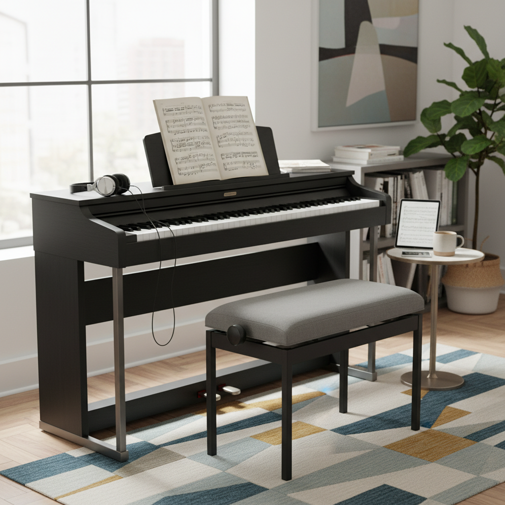 attachment; filename=Ein realistisches redaktionelles Foto eines Digitalpiano-Setups in einer modernen Wohnung, mit Kopfhörern und Noten auf einem Ständer