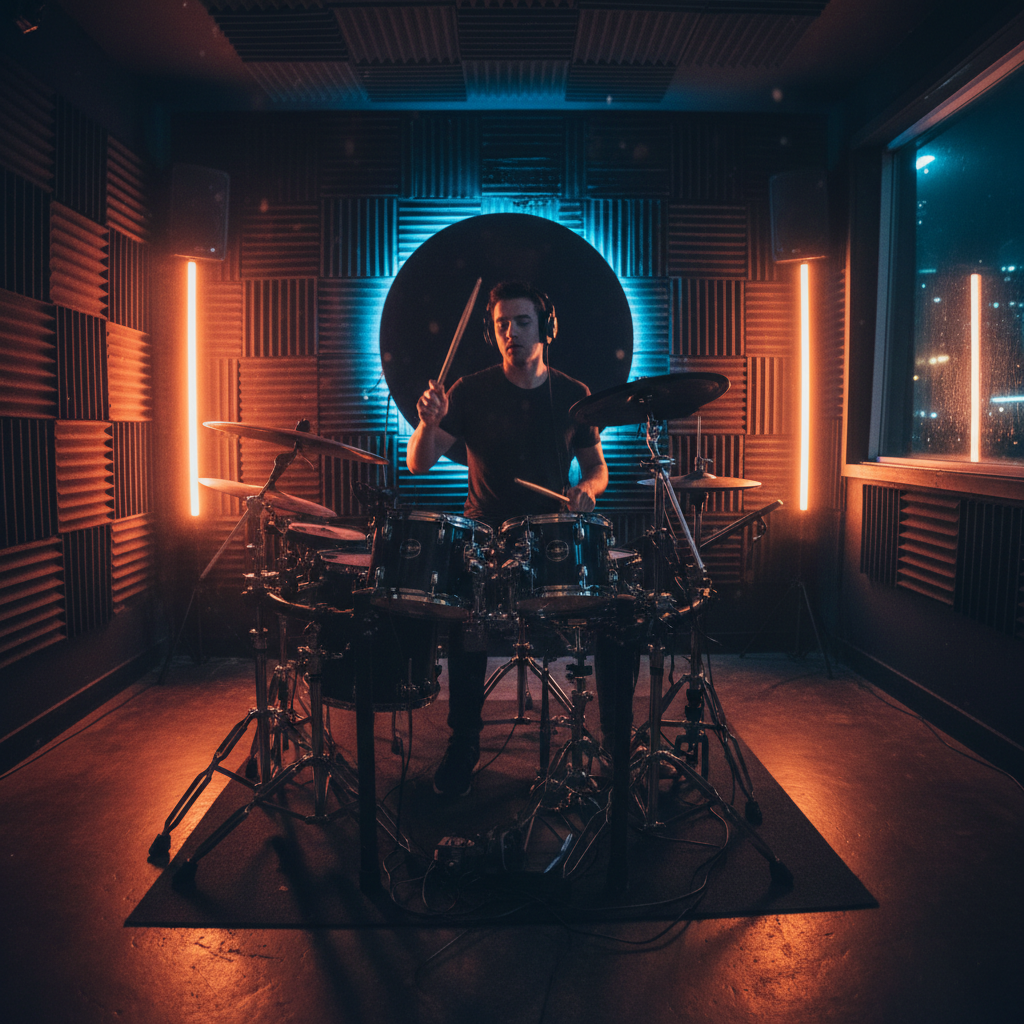 attachment; filename=Ein filmisches Bild eines Schlagzeugers, der auf einem elektronischen Schlagzeug in einem schallisolierten Raum übt, Bewegung und Konzentration einfangend