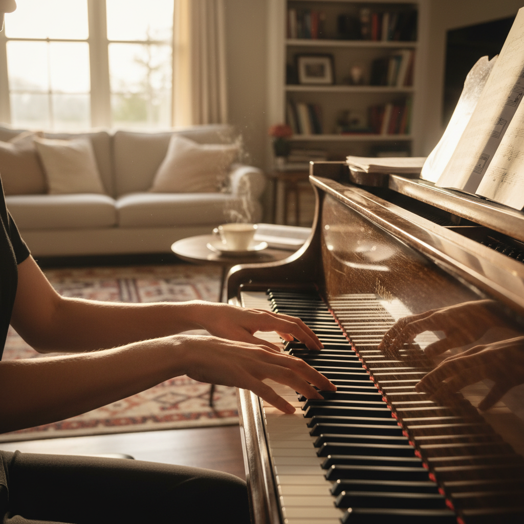 attachment; filename=Ein filmisches Bild einer Person, die in einem gemütlichen Wohnzimmer Klavier spielt, mit Fokus auf den Händen auf den Tasten im natürlichen Licht