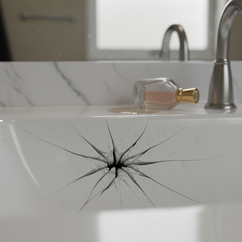 attachment; filename=Ein gesprungenes Waschbecken im Badezimmer, möglicherweise von einer umgefallenen Parfumflasche, mit sichtbaren Wassertropfen