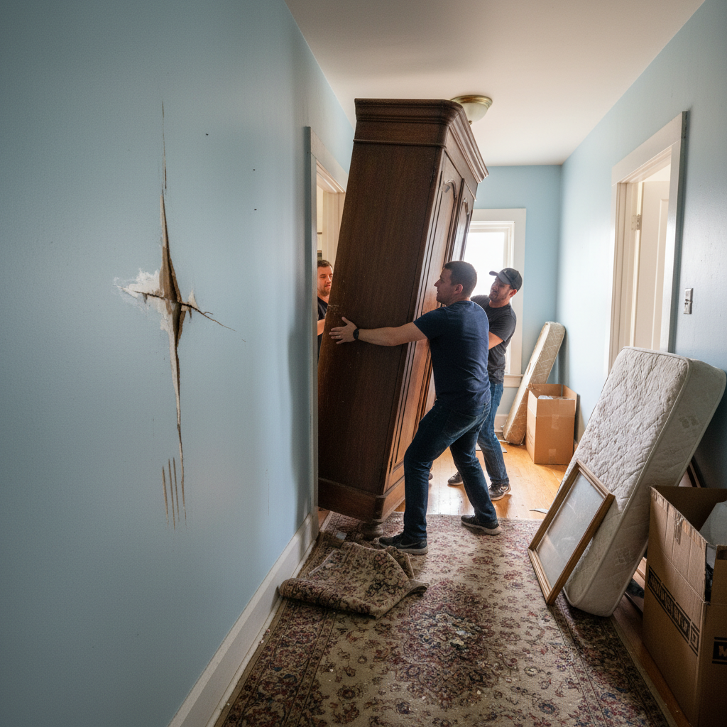 attachment; filename=Ein großes schweres Möbelstück wird verschoben und hinterlässt Kratzer an der Wand in einer gemieteten Wohnungseinrichtung