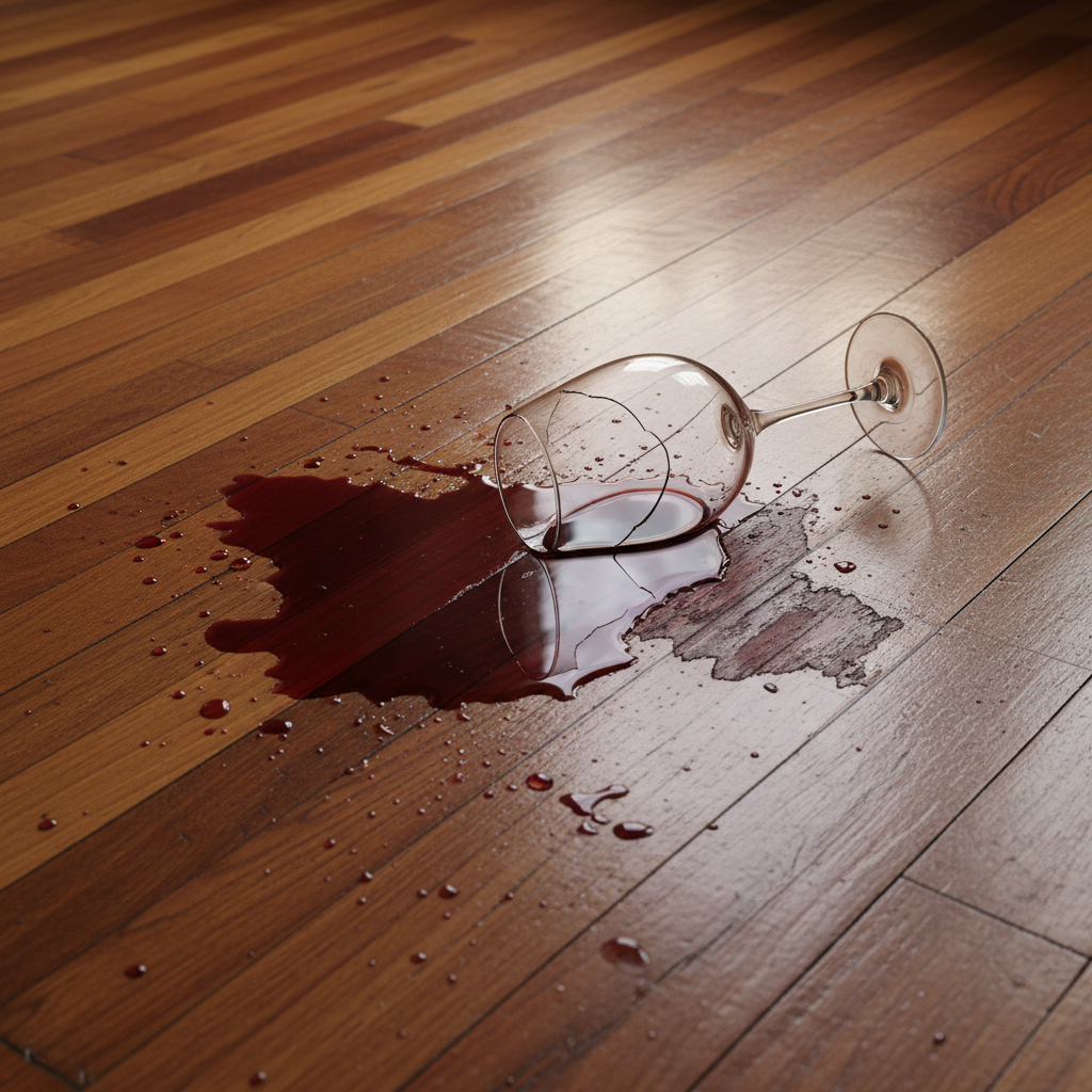 attachment; filename=Ein Glas Rotwein verschüttet auf einem schönen Holzboden, verursacht einen sichtbaren Fleck und Schaden