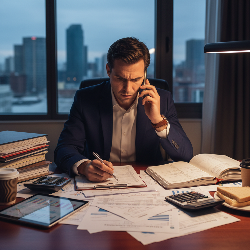 attachment; filename=Eine Person sitzt an einem Schreibtisch, umgeben von Finanzunterlagen und Taschenrechnern, sieht entschlossen aus und führt ein Telefonat.