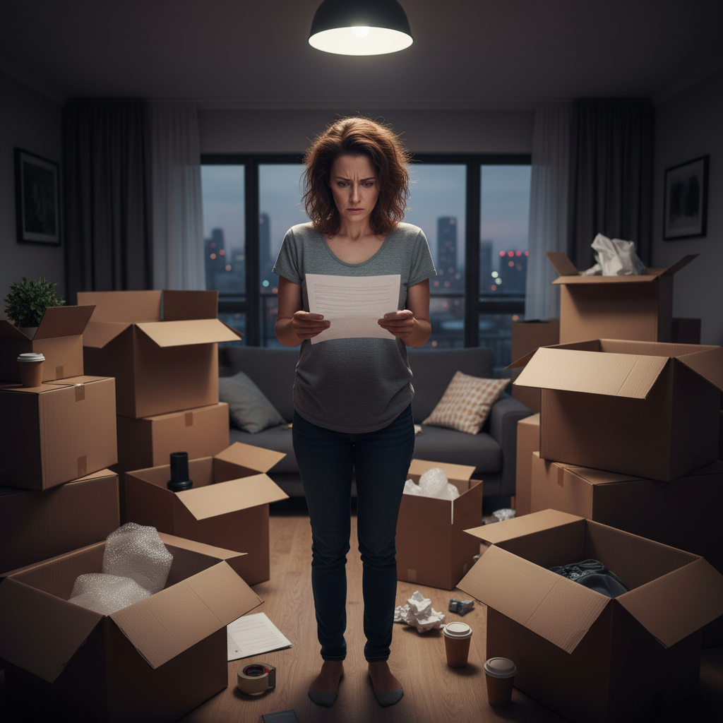 attachment; filename=Gestresste Person in einem Raum voller Umzugskartons, die besorgt und gestresst aussieht und ein Stück Papier mit einem Stirnrunzeln in der Hand hält.