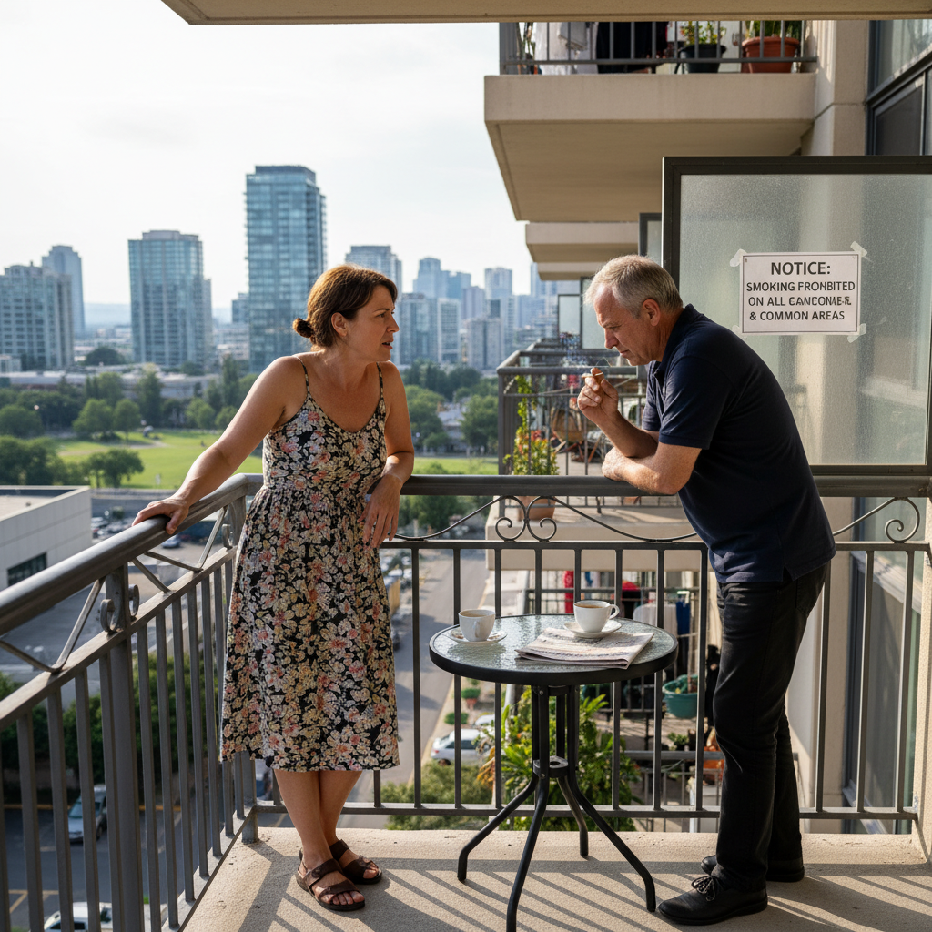 attachment; filename=Zwei Nachbarn unterhalten sich auf einem Balkon über Rauchbeschränkungen