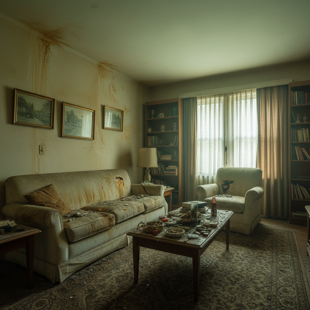 attachment; filename=Ein Apartmentinneres, das Schäden an Wänden und Möbeln durch exzessives Rauchen zeigt