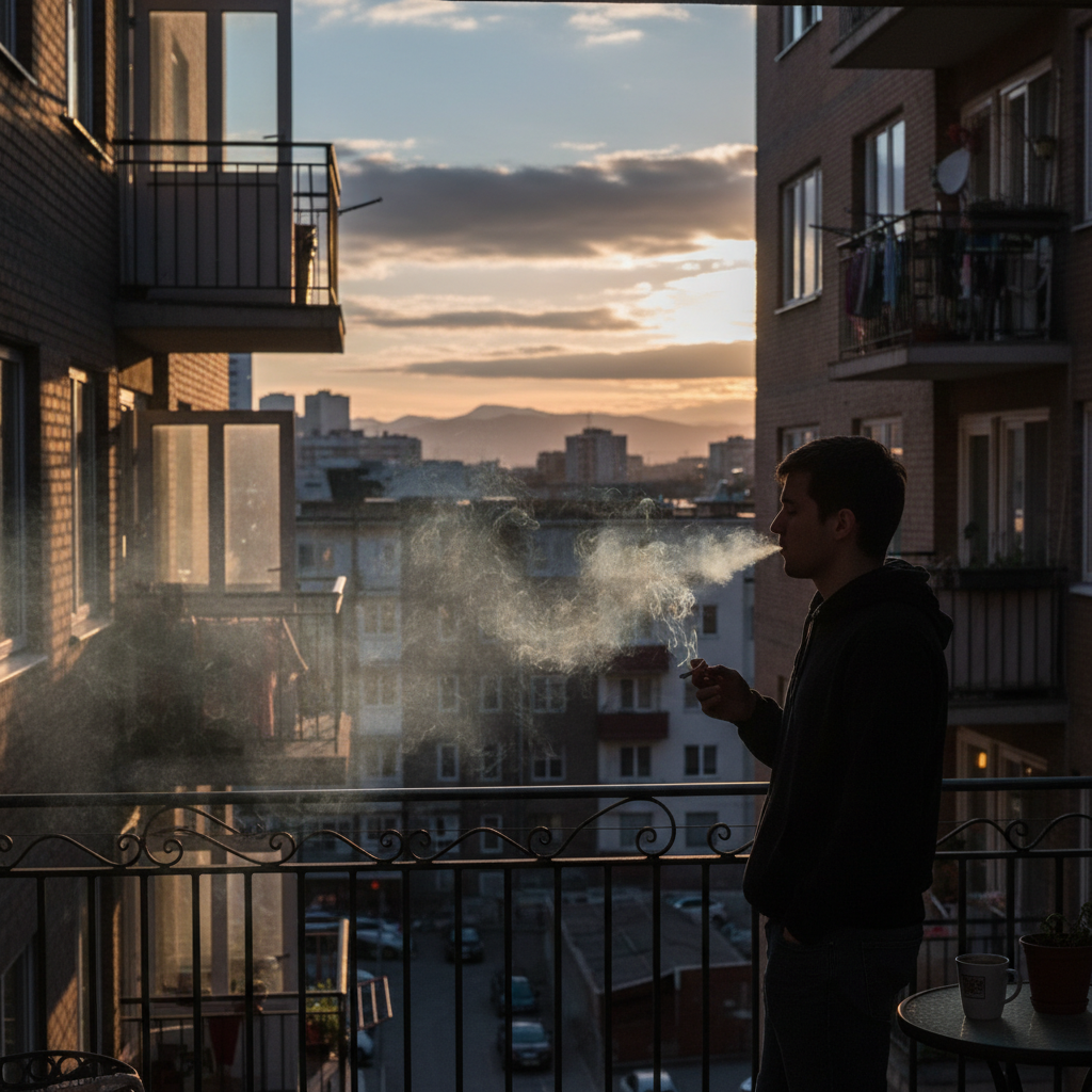 attachment; filename=Eine Person raucht auf einem Balkon, wobei der Rauch in Richtung der Nachbarwohnungen zieht