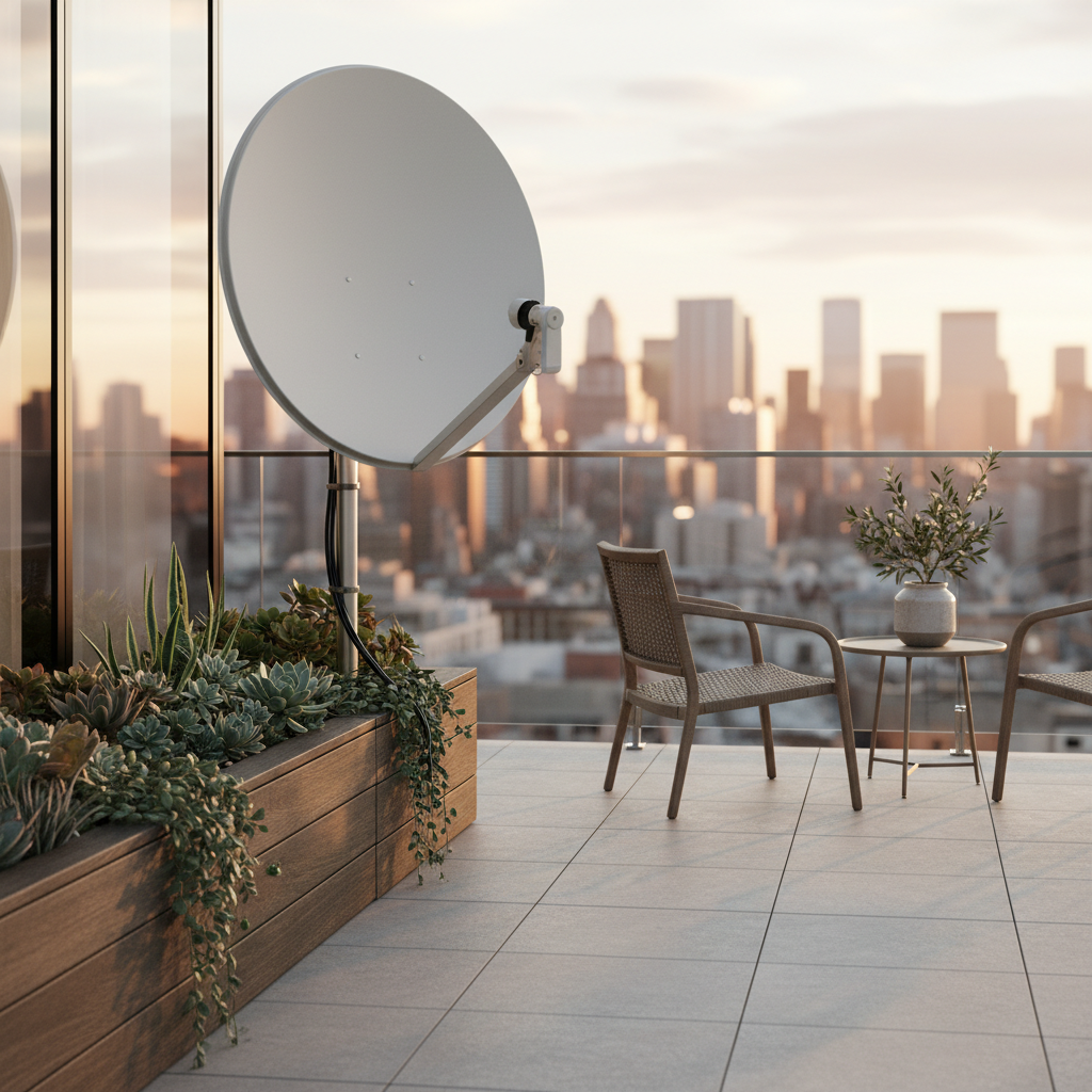 attachment; filename=Eine ästhetisch ansprechende Satellitenschüsselinstallation auf einem Balkon, die das Gleichgewicht zwischen Ästhetik und Funktionalität hervorhebt.