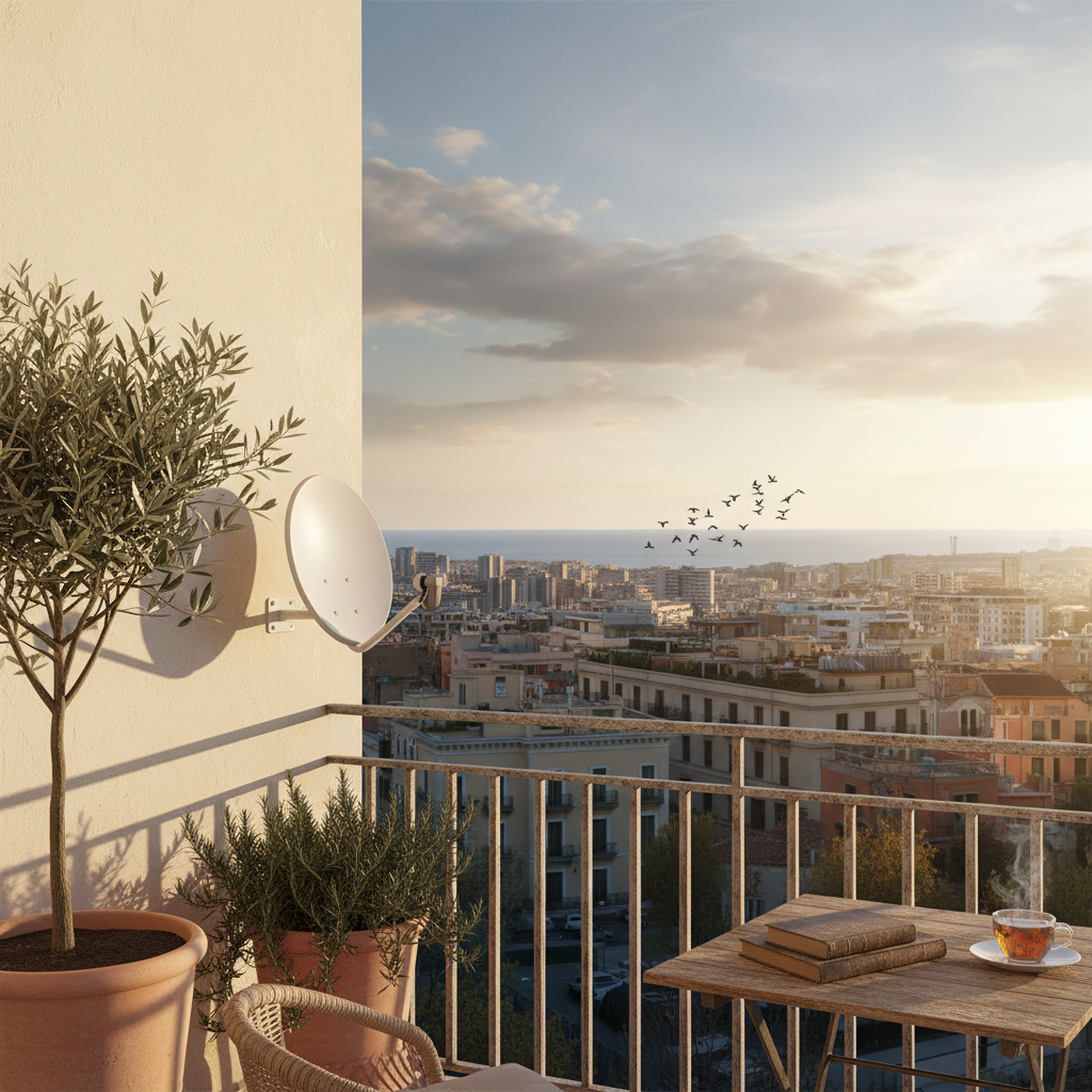 attachment; filename=Eine unauffällige Satellitenschüssel auf einem Balkon, die Freiheit und Kommunikation symbolisiert.