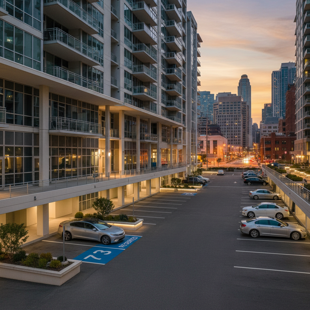 attachment; filename=Ein modernes städtisches Mehrfamilienhaus mit ordentlich angeordneten Parkplätzen und einem reservierten nummerierten Parkplatz für einen Mieter.