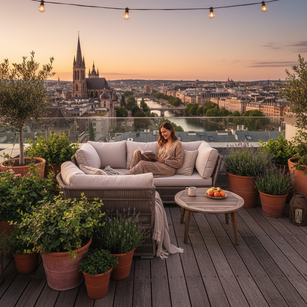 attachment; filename=Ein Mieter genießt eine private Außenterrasse mit Aussicht, eingerichtet mit einer gemütlichen Sitzgelegenheit und Topfpflanzen.