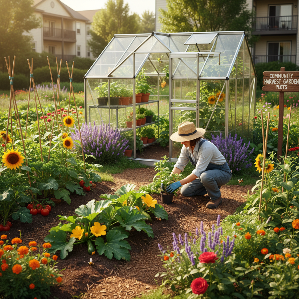 attachment; filename=Mieter, der einen Garten mit Blumen, Gemüse und einem kleinen Gewächshaus pflegt, unter natürlicher Sonneneinstrahlung.
