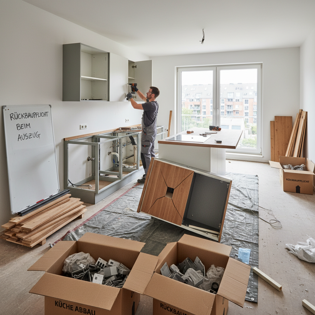 attachment; filename=Eine Person, die eine maßgefertigte Küche aus einer Wohnung ausbaut, verdeutlicht das Konzept der Rückbaupflicht beim Auszug