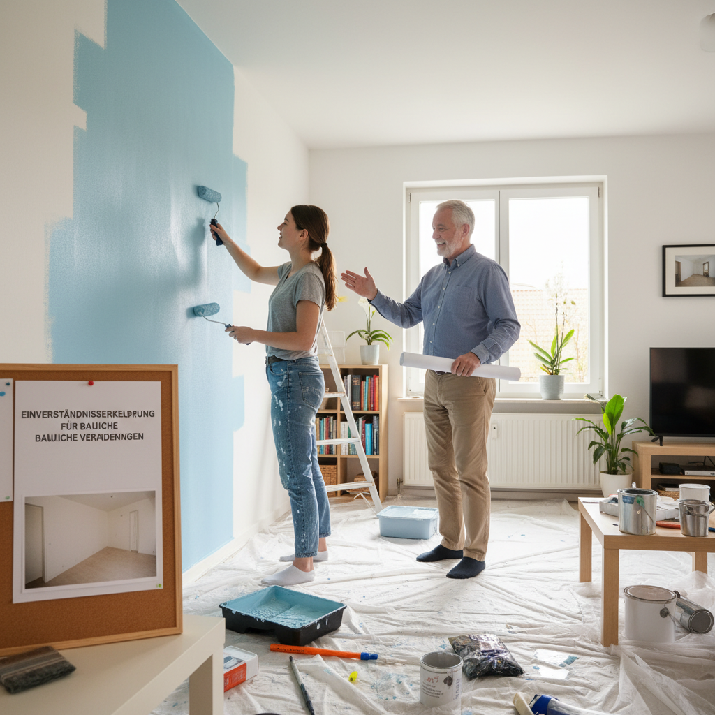 attachment; filename=Mieter, der mit Genehmigung des Vermieters eine Wand in einer Mietwohnung streicht, zeigt das Konzept der baulichen Veränderungen