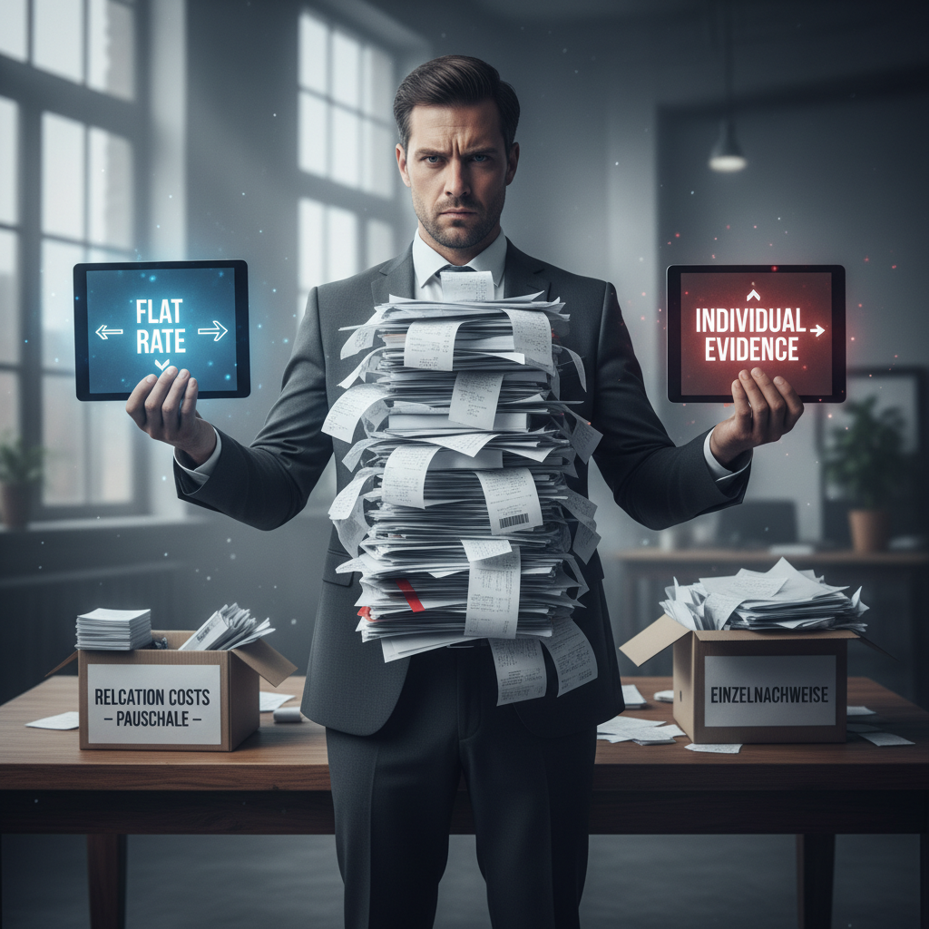 attachment; filename=Eine filmische Aufnahme einer Person, die einen Stapel Quittungen und Dokumente mit ernstem Gesichtsausdruck hält und die Entscheidung zwischen der Verwendung eines Pauschalbetrags oder individueller Nachweise für Steuerabzüge im Zusammenhang mit Umzugskosten symbolisiert.