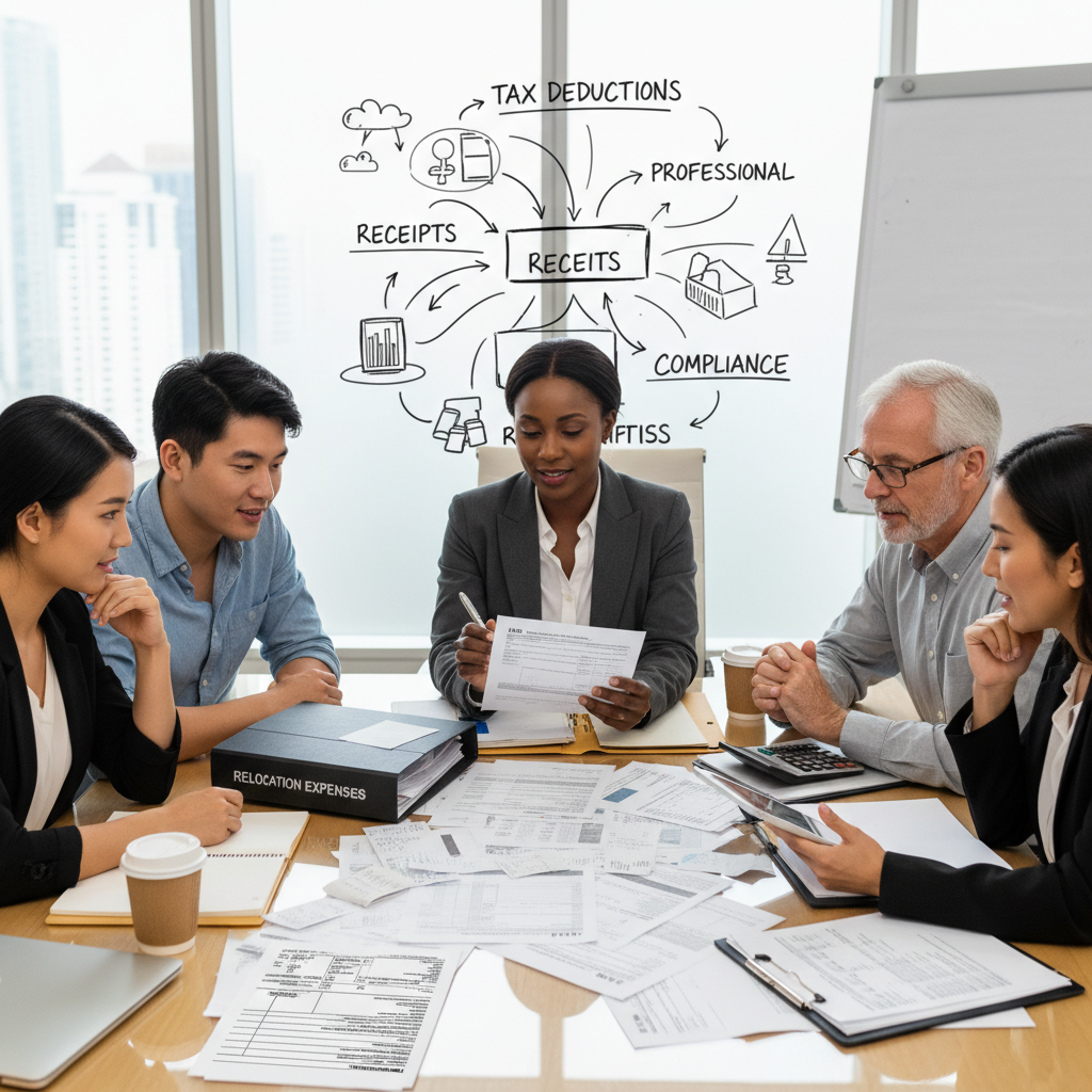 attachment; filename=Eine redaktionelle Fotografie, die eine vielfältige Gruppe von Menschen zeigt, die Finanzdokumente an einem Tisch diskutieren und die Bedeutung einer ordnungsgemäßen Dokumentation und professionellen Hilfe beim Geltendmachen von Umzugskosten für steuerliche Zwecke veranschaulicht.