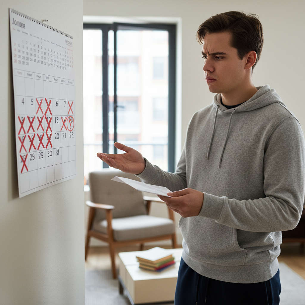 attachment; filename=Ein Mieter hält einen Umschlag mit einem ratlosen Ausdruck und betrachtet einen Kalender mit durchgestrichenen Daten