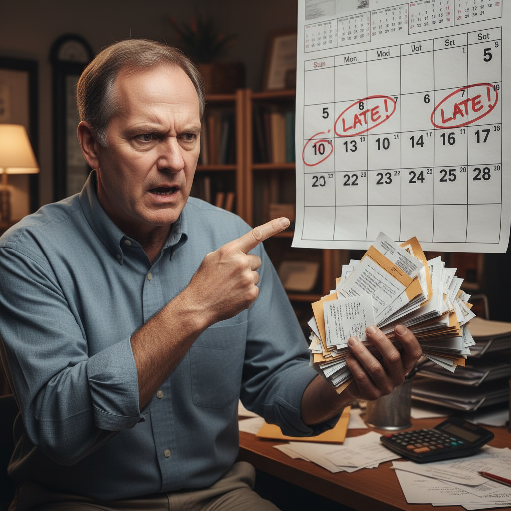 attachment; filename=Ein Vermieter zeigt Frustration, während er einen Stapel überfälliger Rechnungen hält und auf einen an der Wand hängenden Kalender zeigt, auf dem Daten mit einem roten Marker umkreist sind