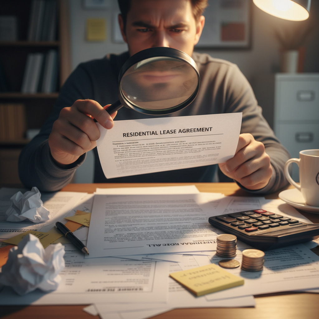 attachment; filename=Eine Person prüft einen Mietvertrag mit einer Lupe, umgeben von verstreuten Papieren und einem Taschenrechner auf einem Schreibtisch