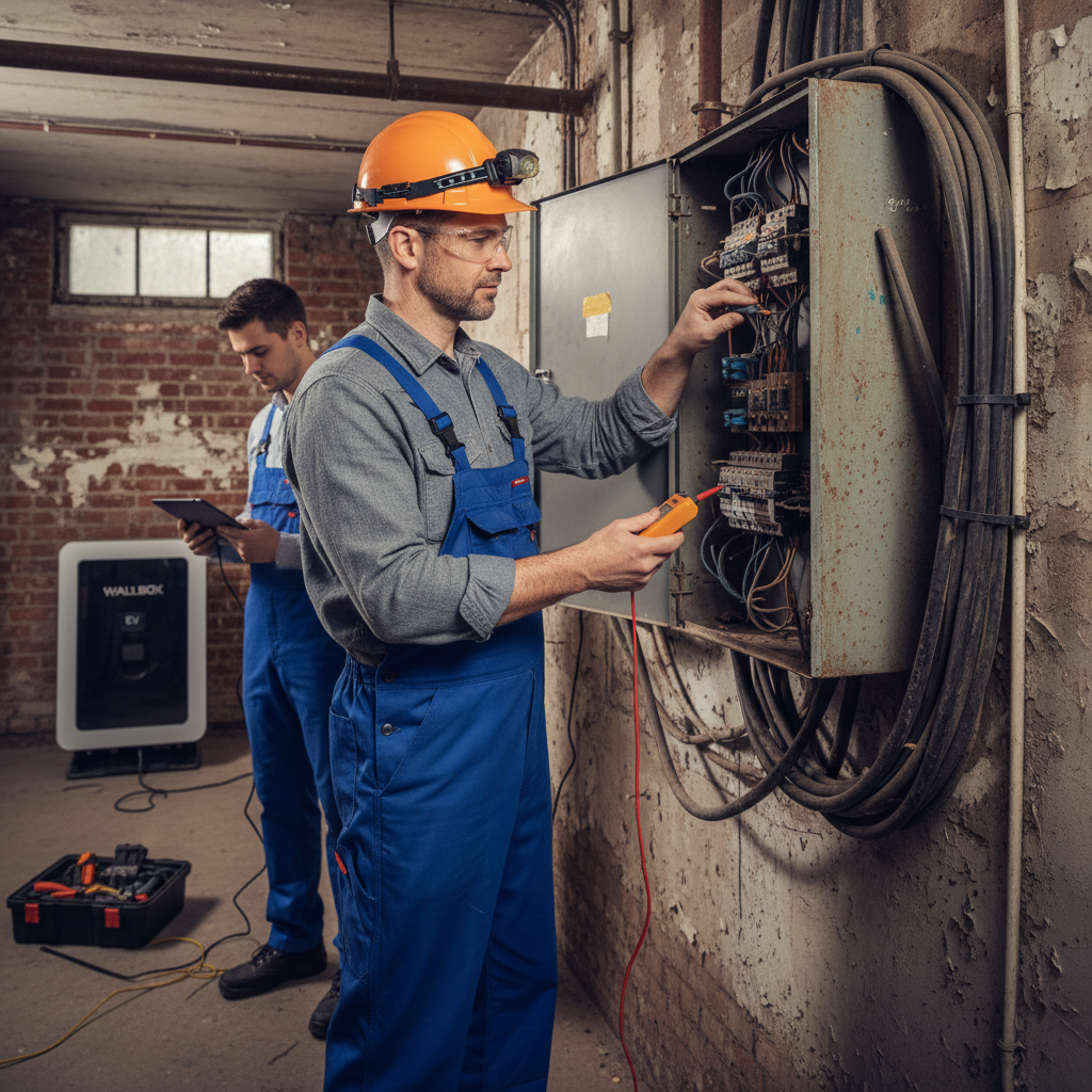 attachment; filename=Ein qualifizierter Elektriker prüft die elektrische Infrastruktur eines älteren Mietgebäudes für eine mögliche Wallbox-Installation.