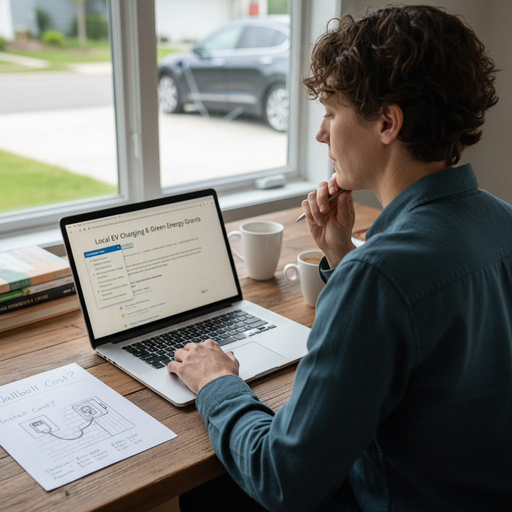 attachment; filename=Eine Person recherchiert auf einem Laptop lokale Förderprogramme, während sie die Kosten für die Installation einer Wallbox für ein Elektroauto berücksichtigt.