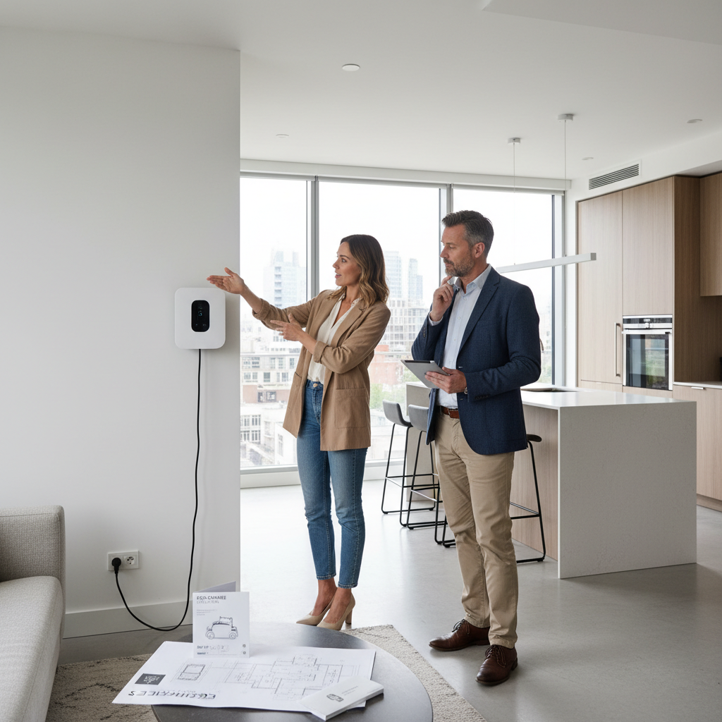 attachment; filename=Ein Mieter bespricht mit einem Vermieter die Installation einer Wallbox in einem modernen Apartment.