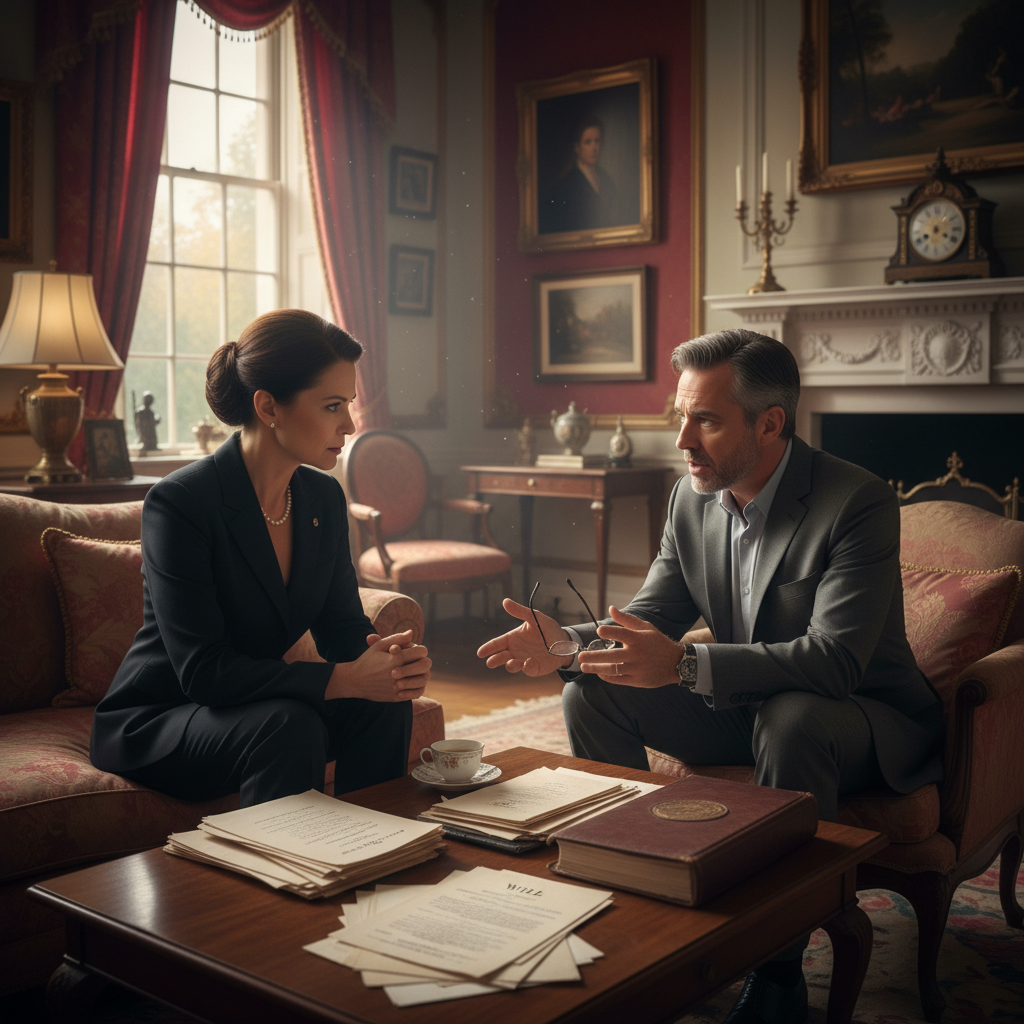 attachment; filename=Zwei Personen, die rechtliche Erben darstellen, führen eine ernsthafte Diskussion in einer Wohnzimmerumgebung.