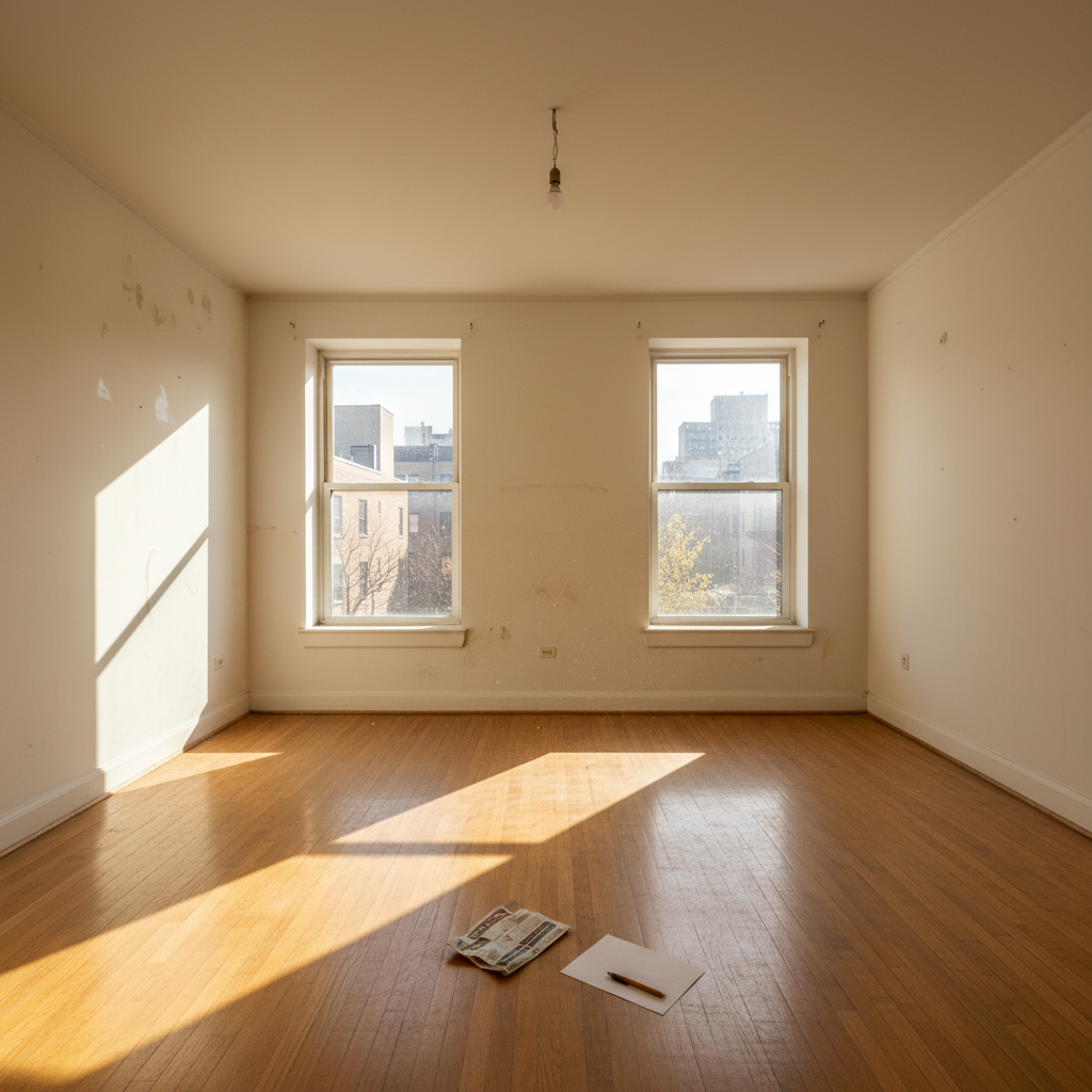 attachment; filename=Eine leere Wohnung mit Sonnenlicht, das durch die Fenster strömt und zeigt, dass eine Entscheidung über ihre Zukunft getroffen werden muss.