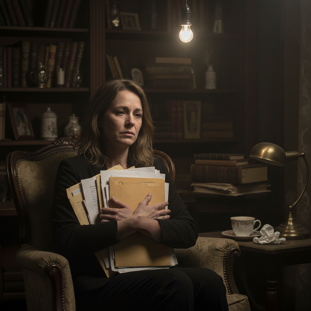 attachment; filename=Trauernder Familienangehöriger, der einen Stapel rechtlicher Dokumente in einem schwach beleuchteten Raum hält.