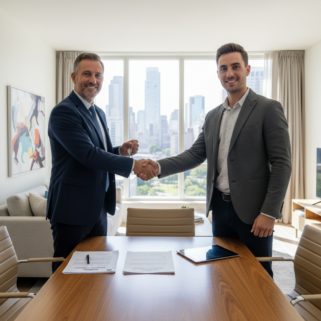 attachment; filename=Ein Vermieter schüttelt einem Immobilienmakler nach Unterzeichnung eines Mietvertrags für eine Wohnung die Hand.