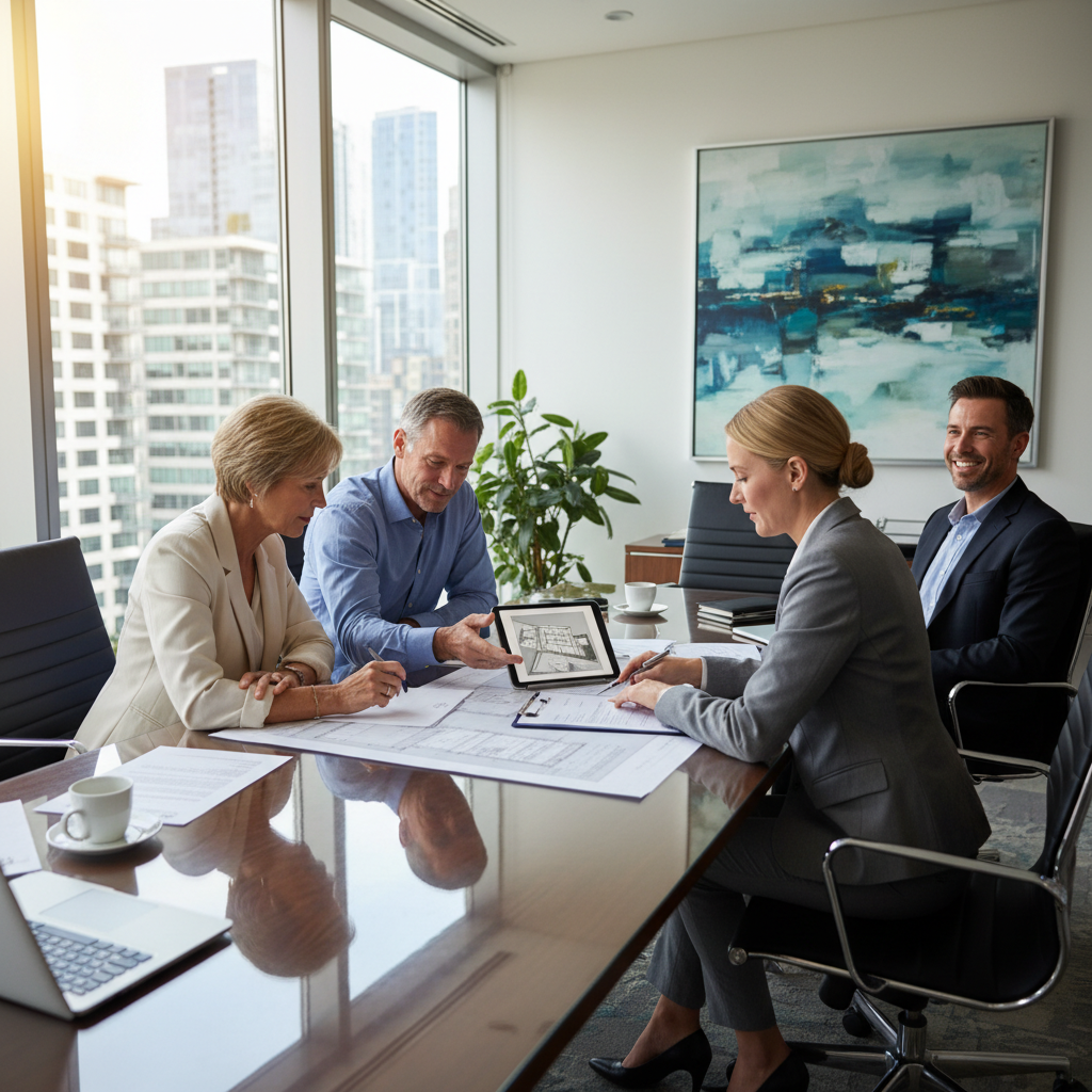 attachment; filename=Zwei Käufer und ein Verkäufer besprechen mit einem Immobilienmakler die Bedingungen in einem modernen Büro.