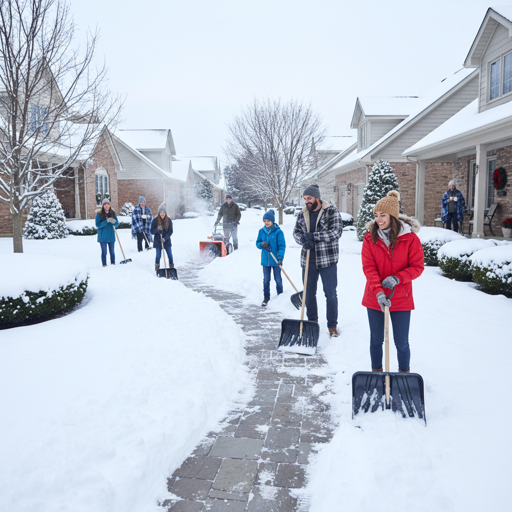 attachment; filename=Eine Gruppe von Nachbarn, die sich abwechseln, um Schnee von einem gemeinsamen Gehweg zu räumen
