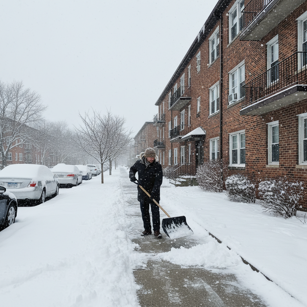 attachment; filename=Eine Person schaufelt Schnee vor einem Mehrfamilienhaus an einem verschneiten Tag