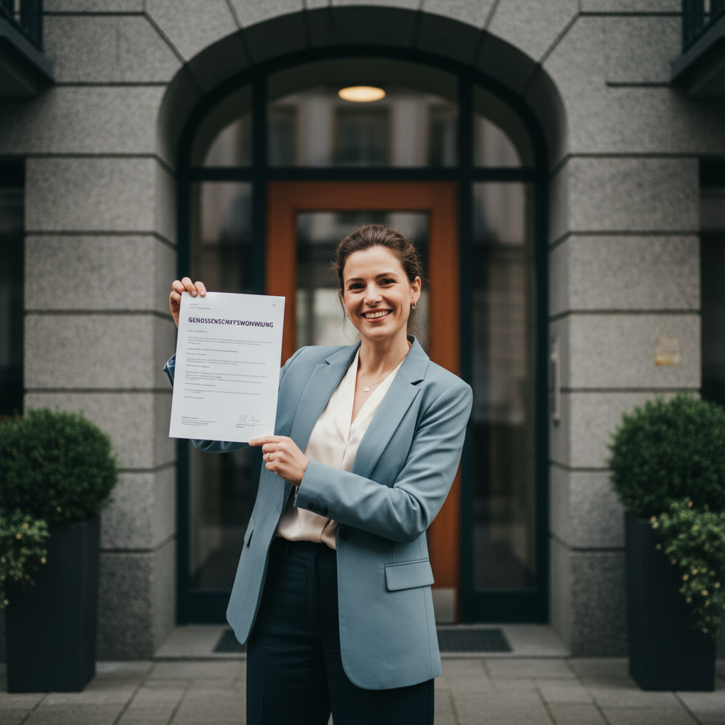 attachment; filename=Eine kinoreife, realistische Redaktionsfotografie einer Person, die ein Dokument mit dem Titel 'Genossenschaftswohnung' hält und lächelt, vor einem Gebäudeeingang.