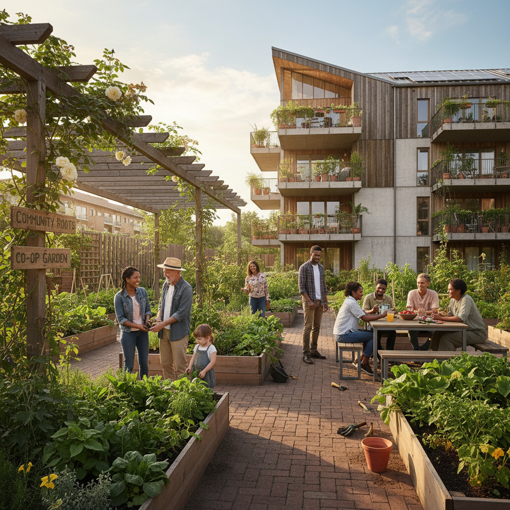 attachment; filename=Eine kinoreife, realistische Redaktionsfotografie einer Gruppe von Bewohnern, die gemeinsam in einem grünen Gemeinschaftsbereich eines genossenschaftlichen Wohnkomplexes gärtnern.