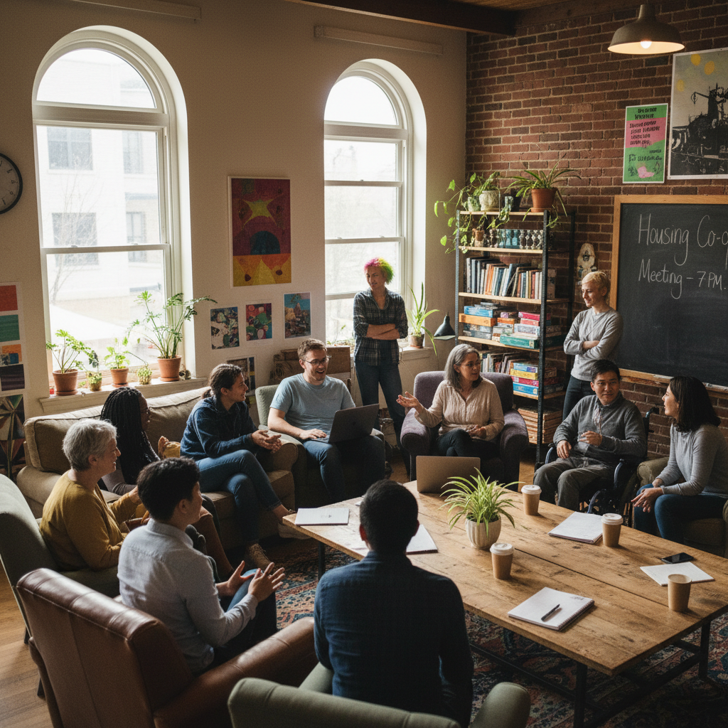 attachment; filename=Eine kinoreife, realistische Redaktionsfotografie einer vielfältigen Gruppe von Menschen, die in einem Gemeinschaftsraum in einer Wohnungsbaugenossenschaft diskutieren.
