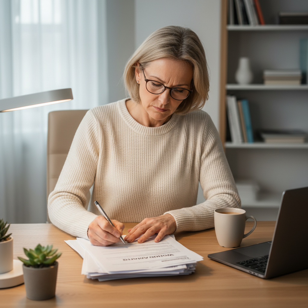 attachment; filename=Ein realistisches redaktionelles Bild einer mittleren Frau, die mit Entschlossenheit Wohngeldantragsformulare an einem ordentlichen Schreibtisch ausfüllt
