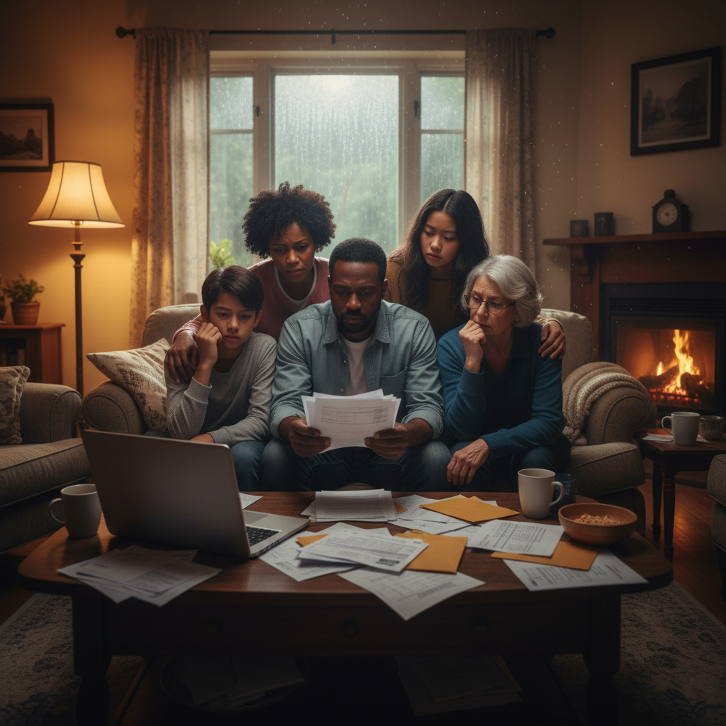 attachment; filename=Eine kinoreife Aufnahme einer vielfältigen Familie, die mit besorgtem Ausdruck ihre Rechnungen gemeinsam in einem gemütlichen Wohnzimmer betrachtet