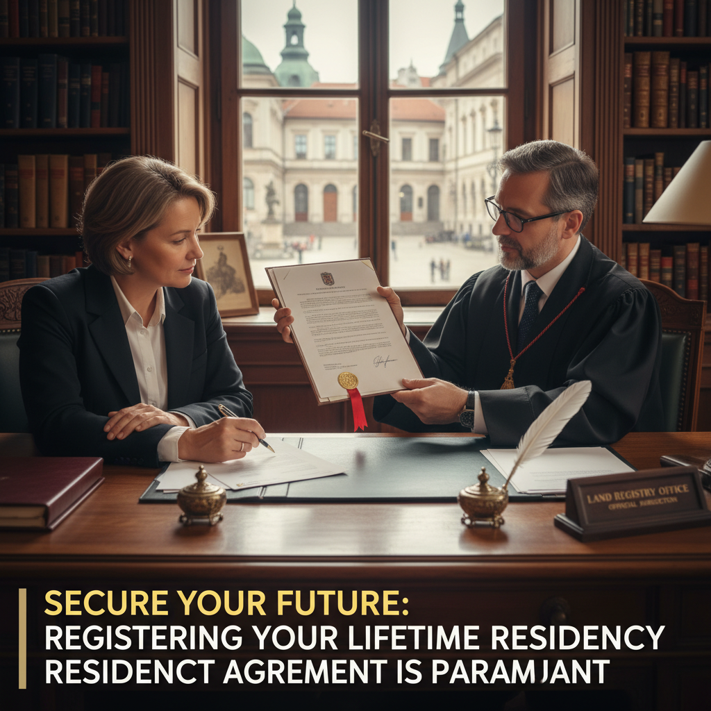 attachment; filename=Ein Notar präsentiert feierlich rechtliche Dokumente vor einem Paar und betont die Bedeutung der Eintragung eines lebenslangen Wohnrechtsvertrags im Grundbuch.