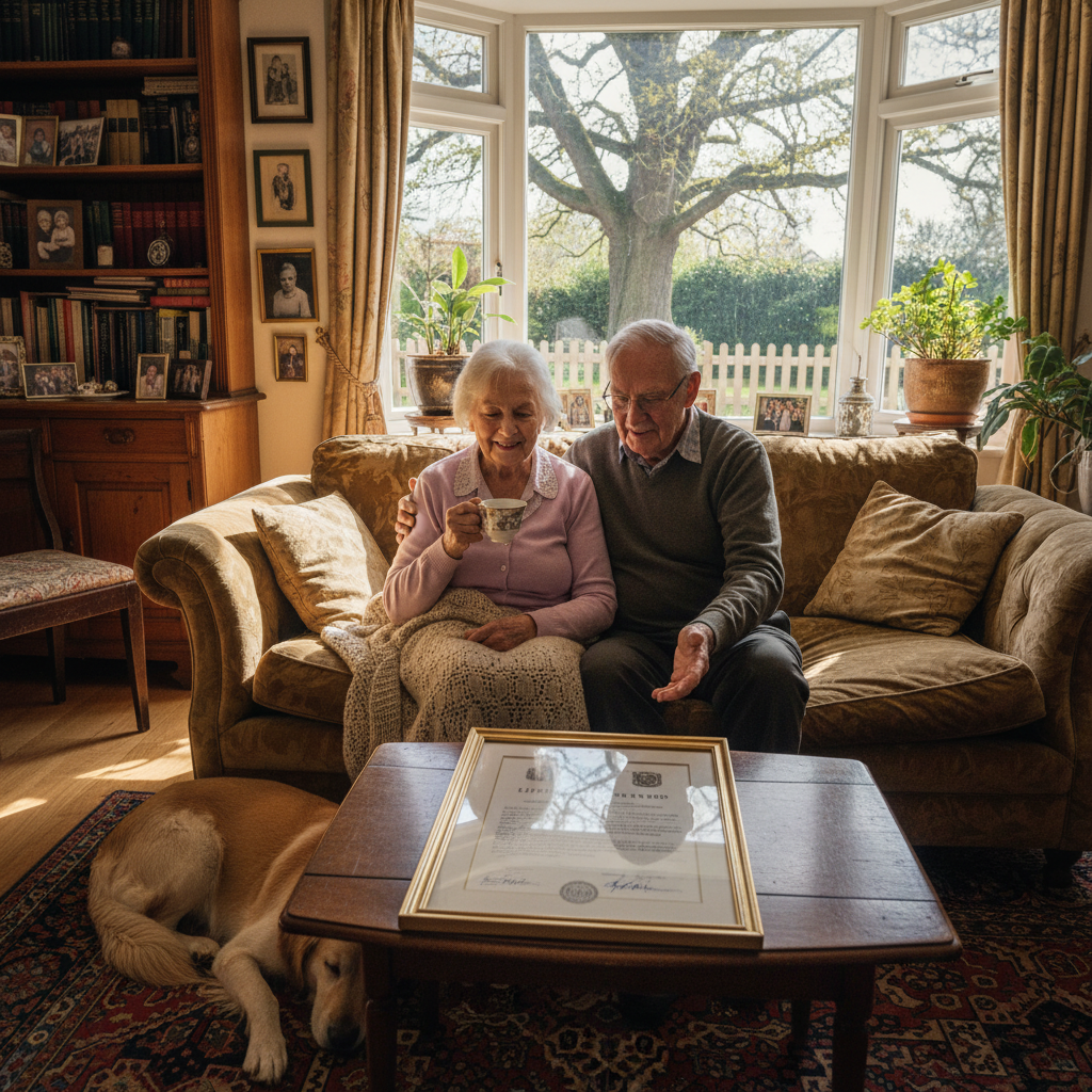 attachment; filename=Ein älteres Ehepaar genießt einen friedlichen Nachmittag in ihrem Familienhaus und verkörpert das Konzept des lebenslangen Wohnrechts und der rechtlichen Sicherheit.