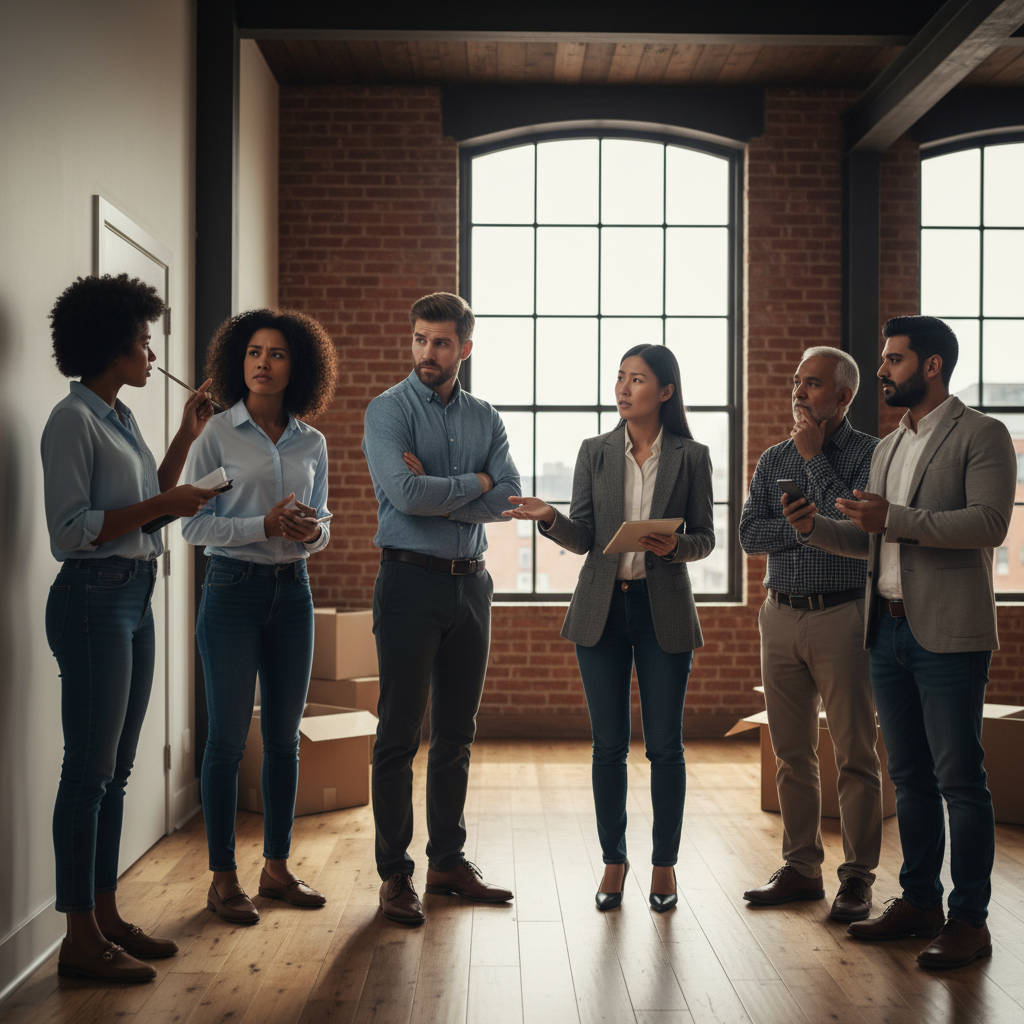 attachment; filename=Eine realistische redaktionelle Abbildung, die eine Gruppe verschiedener Menschen während einer höflichen, aber bestimmten Unterhaltung bei einer Wohnungsbesichtigung zeigt, wobei Körpersprache und Gesichtsausdrücke betont werden