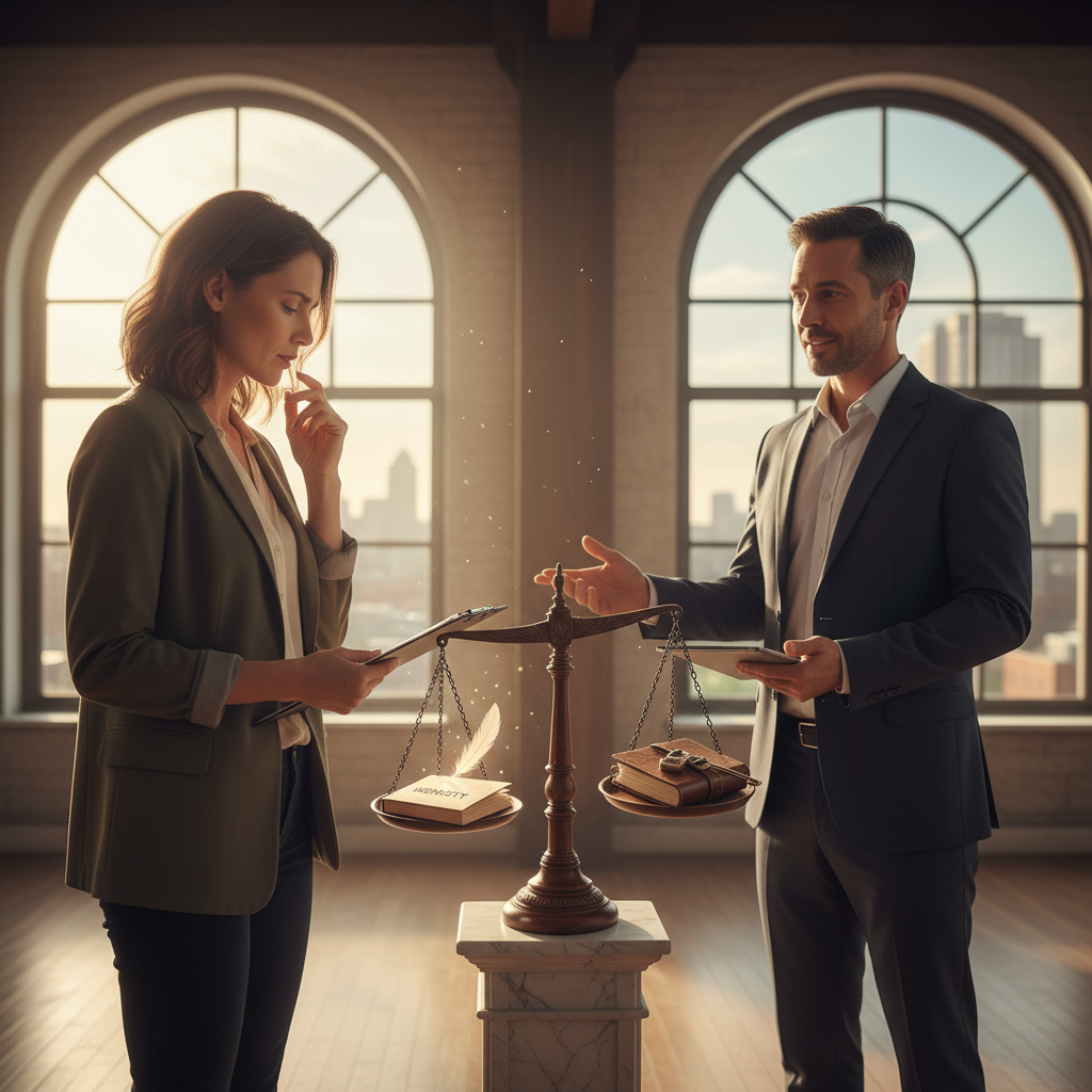 attachment; filename=Ein kinoreifes Foto, das die delikate Balance zwischen Ehrlichkeit und Privatsphäre bei einer Wohnungsbesichtigung illustriert und möglicherweise eine Person zeigt, die zögert, auf eine persönliche Frage zu antworten, während sie Professionalität wahrt