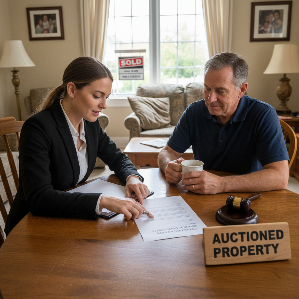 attachment; filename=Ein neuer Immobilieneigentümer und ein Mieter erörtern die Bedingungen und betonen die Fortführung des bestehenden Mietvertrags nach einer Zwangsversteigerung.